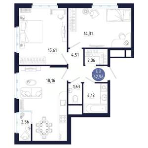 2-к квартира, строящийся дом, 63м2, 3/25 этаж