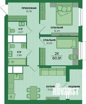 2-к квартира, вторичка, 61м2, 6/25 этаж