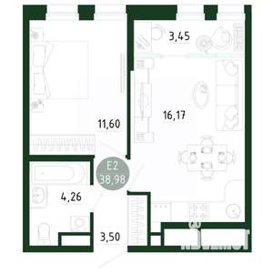 1-к квартира, строящийся дом, 39м2, 1/25 этаж