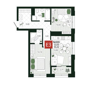 2-к квартира, вторичка, 55м2, 12/19 этаж