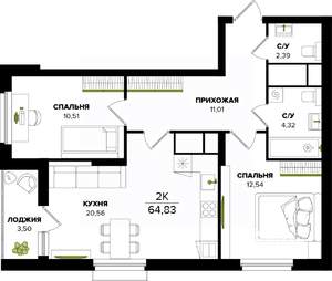 2-к квартира, вторичка, 65м2, 11/25 этаж