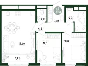 2-к квартира, вторичка, 59м2, 24/25 этаж