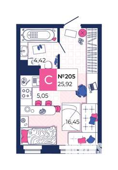 Студия квартира, вторичка, 26м2, 16/25 этаж