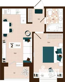 2-к квартира, строящийся дом, 40м2, 7/14 этаж