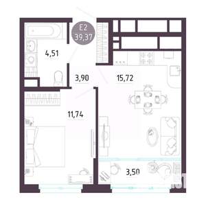 1-к квартира, строящийся дом, 39м2, 10/10 этаж