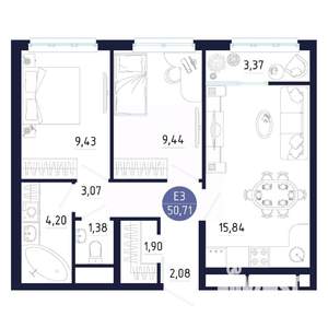 1-к квартира, строящийся дом, 51м2, 5/25 этаж