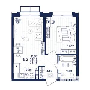 1-к квартира, строящийся дом, 38м2, 3/15 этаж