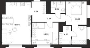 2-к квартира, строящийся дом, 77м2, 19/25 этаж