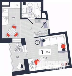 1-к квартира, строящийся дом, 35м2, 8/14 этаж