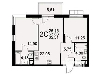 2-к квартира, строящийся дом, 64м2, 2/11 этаж