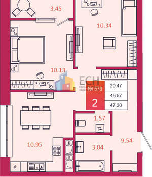 2-к квартира, вторичка, 49м2, 12/22 этаж