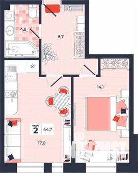 2-к квартира, строящийся дом, 45м2, 2/14 этаж