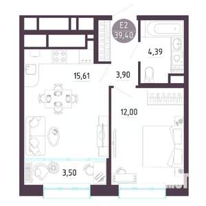 1-к квартира, строящийся дом, 39м2, 5/10 этаж