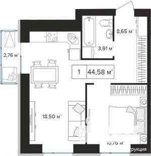 1-к квартира, вторичка, 45м2, 8/10 этаж