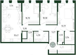3-к квартира, строящийся дом, 86м2, 1/25 этаж