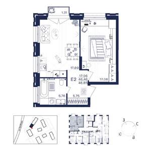 1-к квартира, строящийся дом, 47м2, 2/15 этаж