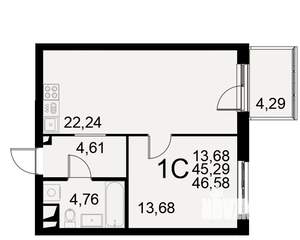 1-к квартира, строящийся дом, 45м2, 1/11 этаж