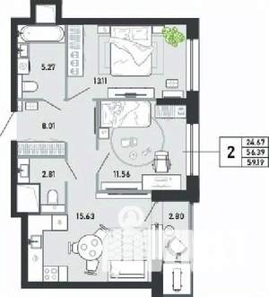 2-к квартира, вторичка, 59м2, 15/21 этаж