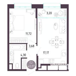 1-к квартира, строящийся дом, 40м2, 9/10 этаж