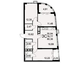 3-к квартира, строящийся дом, 80м2, 1/16 этаж