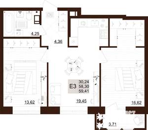 2-к квартира, строящийся дом, 59м2, 3/12 этаж