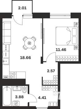 1-к квартира, вторичка, 43м2, 2/4 этаж