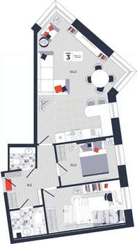 3-к квартира, строящийся дом, 72м2, 11/14 этаж