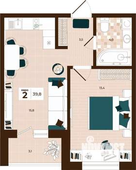 2-к квартира, строящийся дом, 40м2, 6/14 этаж