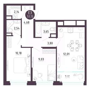 2-к квартира, вторичка, 51м2, 9/10 этаж