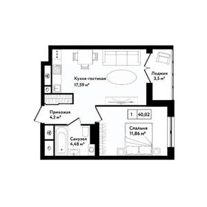 1-к квартира, строящийся дом, 43м2, 25/25 этаж