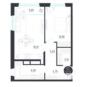 1-к квартира, строящийся дом, 52м2, 3/8 этаж