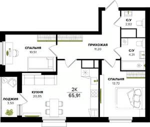 2-к квартира, вторичка, 66м2, 16/25 этаж