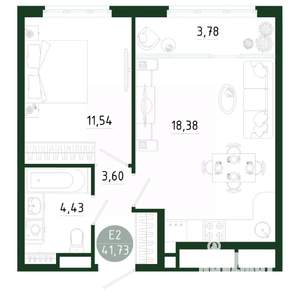 1-к квартира, строящийся дом, 42м2, 17/25 этаж