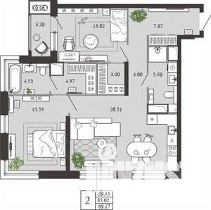 2-к квартира, вторичка, 89м2, 12/21 этаж