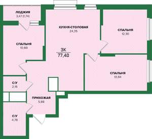 3-к квартира, вторичка, 77м2, 2/25 этаж