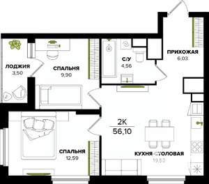 2-к квартира, строящийся дом, 56м2, 11/25 этаж
