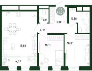 2-к квартира, строящийся дом, 59м2, 4/25 этаж