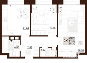 2-к квартира, строящийся дом, 54м2, 3/12 этаж