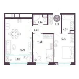 2-к квартира, строящийся дом, 61м2, 5/10 этаж