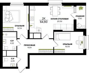 2-к квартира, вторичка, 65м2, 25/25 этаж