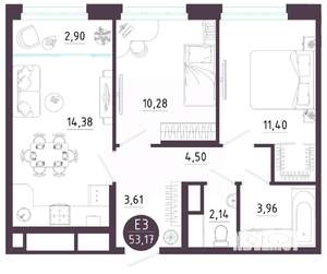 2-к квартира, вторичка, 53м2, 9/10 этаж