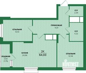 2-к квартира, вторичка, 65м2, 3/25 этаж