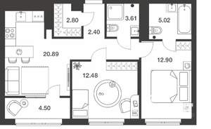 2-к квартира, вторичка, 65м2, 2/25 этаж