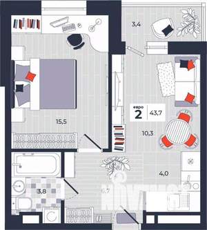 2-к квартира, строящийся дом, 44м2, 12/14 этаж