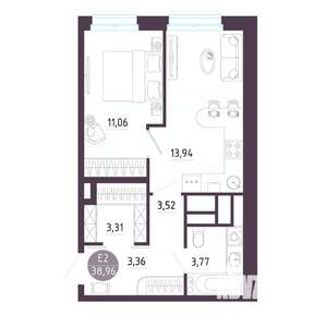 1-к квартира, строящийся дом, 39м2, 7/10 этаж