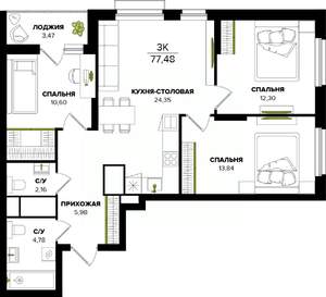 3-к квартира, вторичка, 77м2, 20/25 этаж