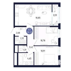 2-к квартира, строящийся дом, 58м2, 12/25 этаж