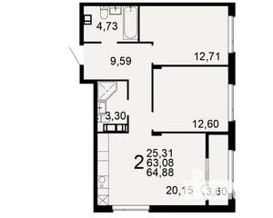 2-к квартира, строящийся дом, 63м2, 8/9 этаж