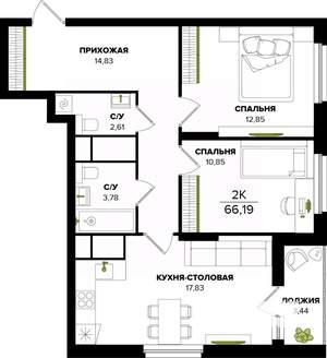 2-к квартира, вторичка, 66м2, 16/25 этаж
