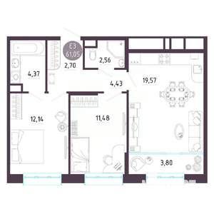2-к квартира, строящийся дом, 61м2, 9/10 этаж